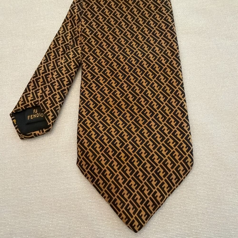 Fendi Roma Tie 100% Silk Italy FF Monogram Logo Black Gold Designer
